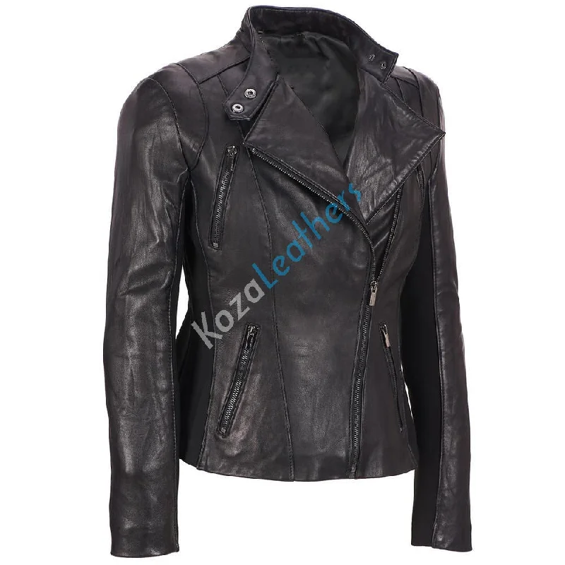 Women Real Lambskin Leather Biker Jacket KW148