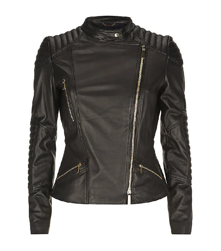 Women Real Lambskin Leather Biker Jacket KW080