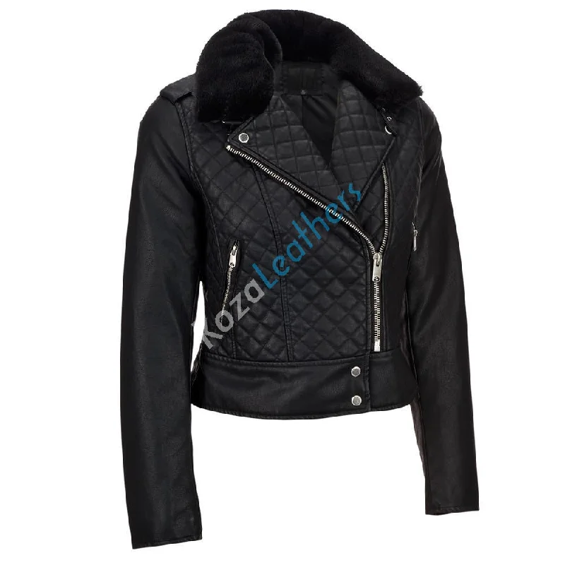 Women Real Lambskin Leather Biker Jacket KW170