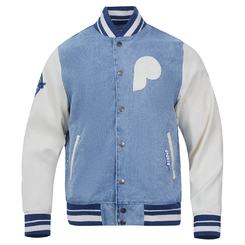 MLB PHILADELPHIA PHILLIES VARSITY BLUES MEN'S DENIM VARSITY MEN'S JACKET (DENIM/LINEN)