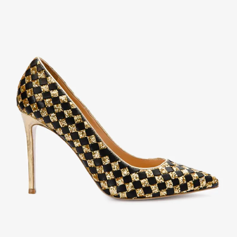 The Saks Tory Gold & Black Handwoven Leather Pump Women Shoe