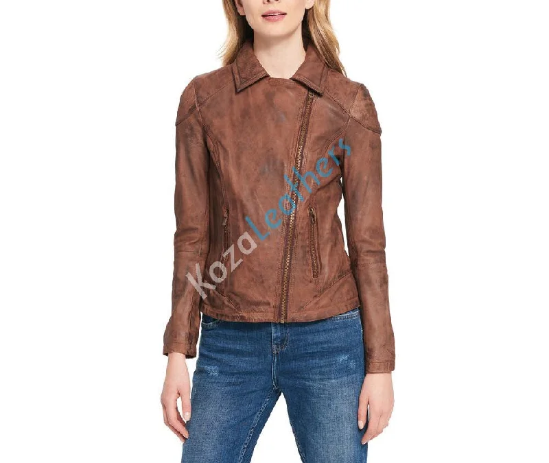 Women Real Lambskin Leather Biker Jacket KW101