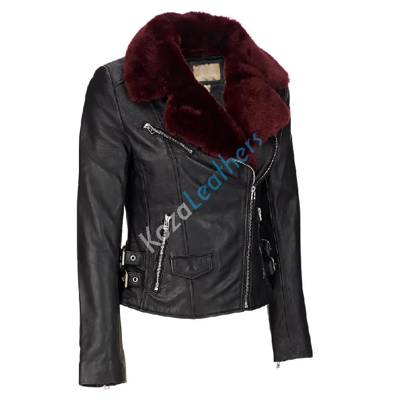 Women Real Lambskin Leather Biker Jacket KW114