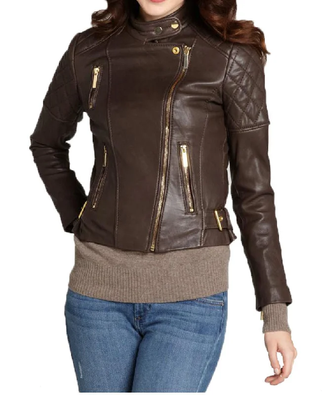 Women Real Lambskin Leather Biker Jacket KW030