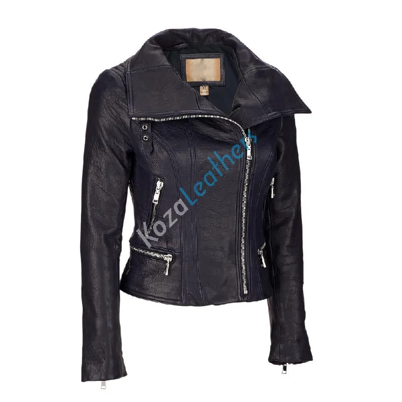 Women Real Lambskin Leather Biker Jacket KW131