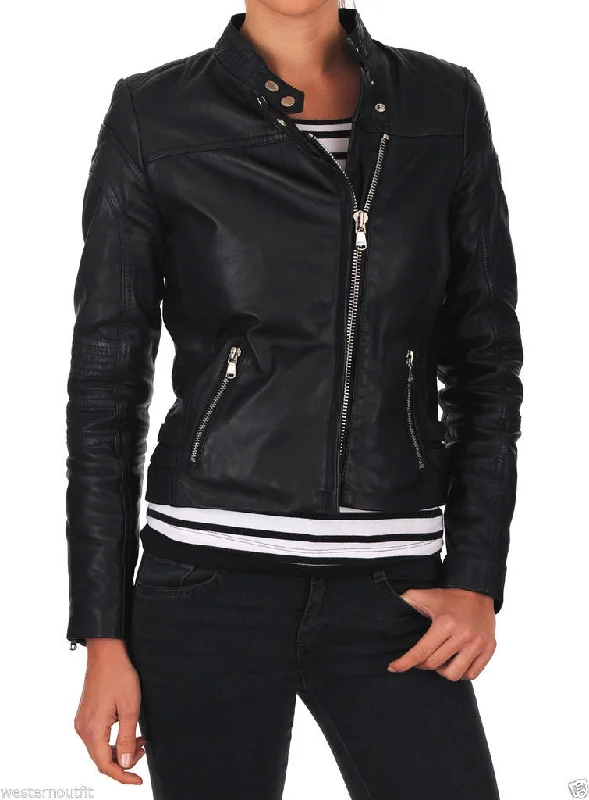 Women Real Lambskin Leather Biker Jacket KW086