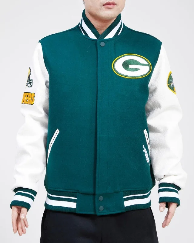 NFL GREEN BAY PACKERS OLD ENGLISH WOOL MEN'S VARSITY JACKET (FOREST GREEN/WHITE)