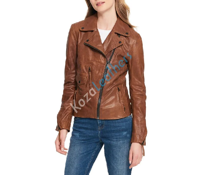 Women Real Lambskin Leather Biker Jacket KW100