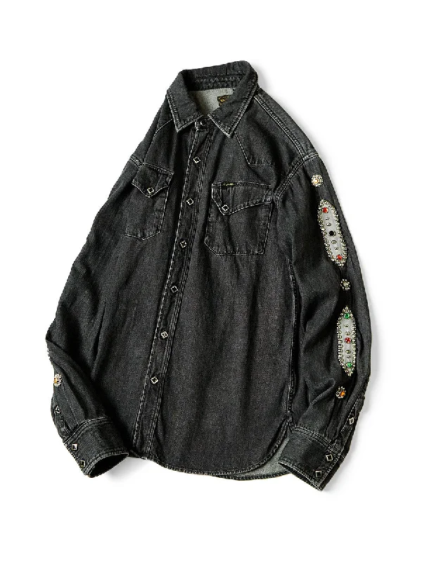 Kapital 8oz black denim western shirt (studs remake) - Black