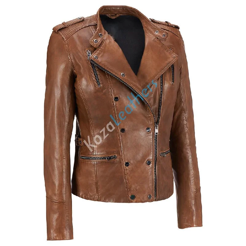 Women Real Lambskin Leather Biker Jacket KW163