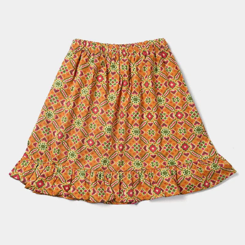 Girls Cotton Poplin Short Skirt Ikat Pattern-Mustard