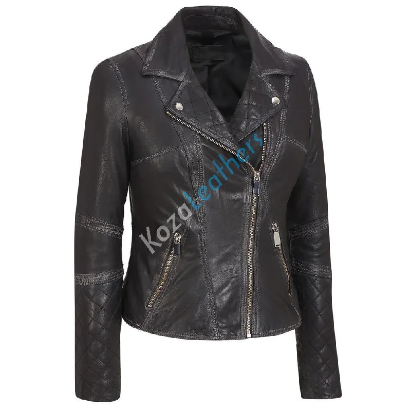 Women Real Lambskin Leather Biker Jacket KW139