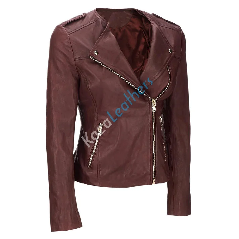 Women Real Lambskin Leather Biker Jacket KW112