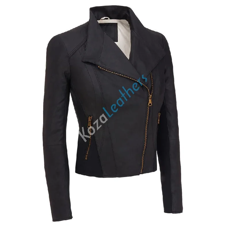 Women Real Lambskin Leather Biker Jacket KW155