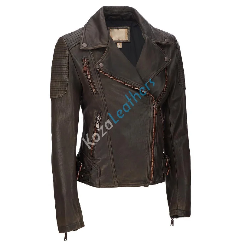 Women Real Lambskin Leather Biker Jacket KW128