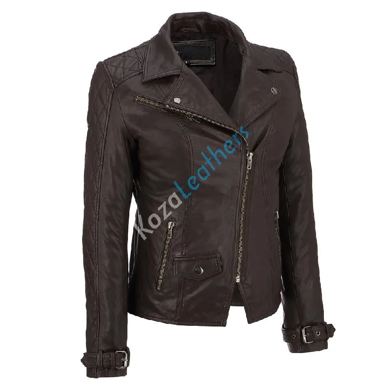 Women Real Lambskin Leather Biker Jacket KW141