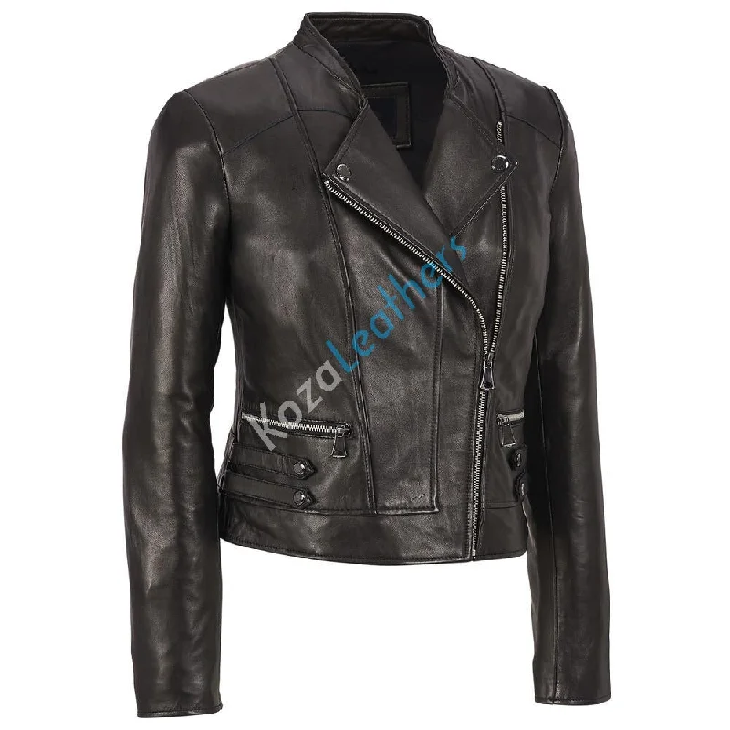 Women Real Lambskin Leather Biker Jacket KW159