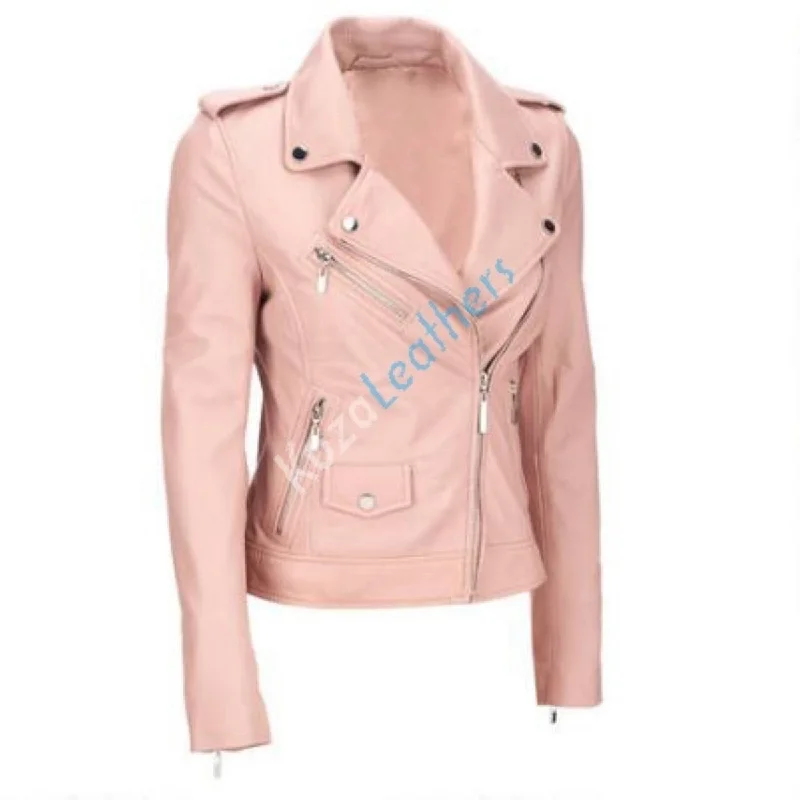 Women Real Lambskin Leather Biker Jacket KW174