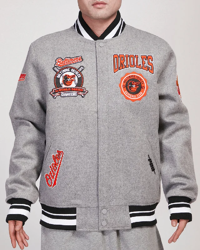 MLB BALTIMORE ORIOLES CREST EMBLEM MEN'S RIB WOOL VARSITY JACKET (HEATHER GRAY/BLACK)