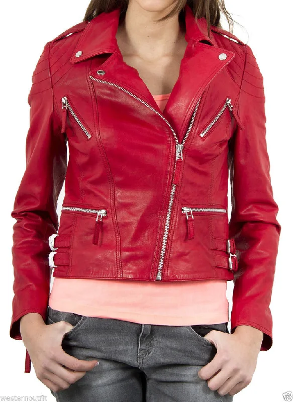 Women Real Lambskin Leather Biker Jacket KW033