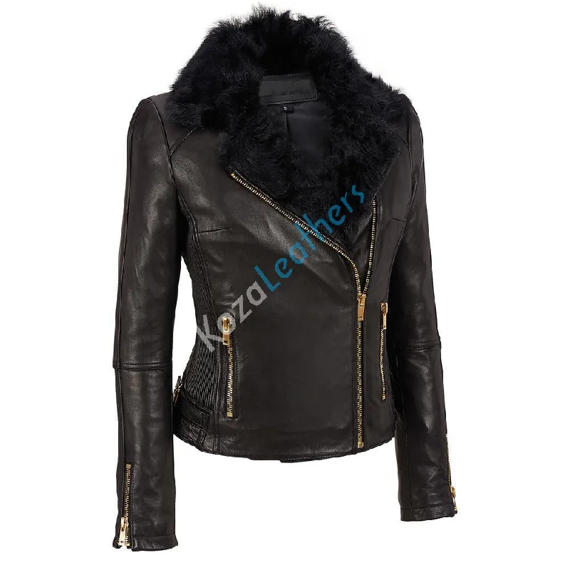 Women Real Lambskin Leather Biker Jacket KW124