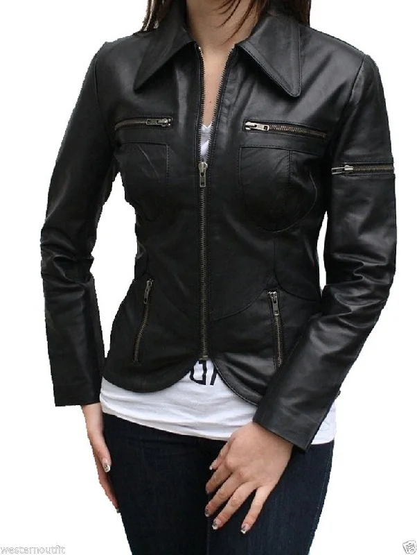 Women Real Lambskin Leather Biker Jacket KW024