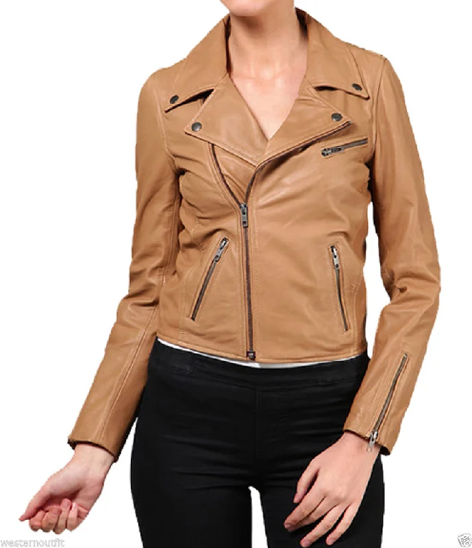 Women Real Lambskin Leather Biker Jacket KW025