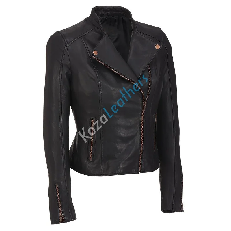 Women Real Lambskin Leather Biker Jacket KW140