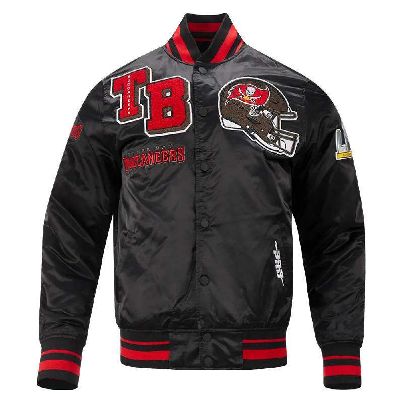 NFL TAMPA BAY BUCCANEERS MASHUP MEN'S RIB SATIN JACKET (BLACK/RED/BLACK)