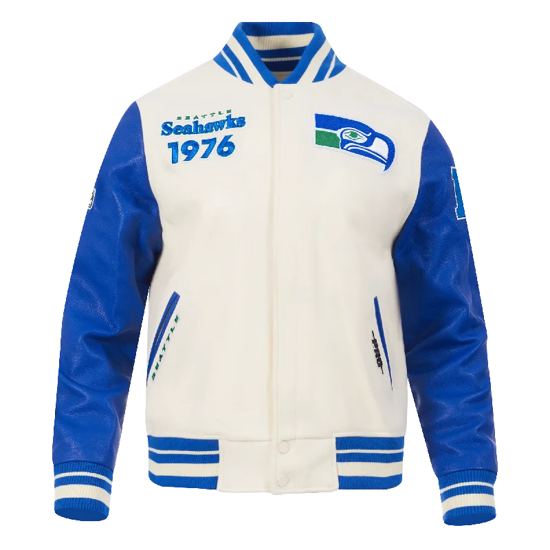 NFL SEATTLE SEAHAWKS RETRO CLASSIC MEN'S RIB WOOL VARSITY JACKET (EGGSHELL/ ROYAL BLUE)