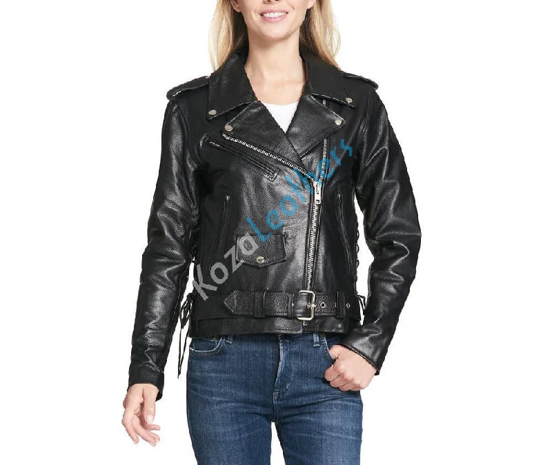 Women Real Lambskin Leather Biker Jacket KW107