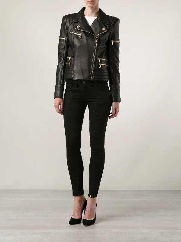 Women Real Lambskin Leather Biker Jacket KW073