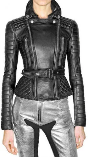 Women Real Lambskin Leather Biker Jacket KW093