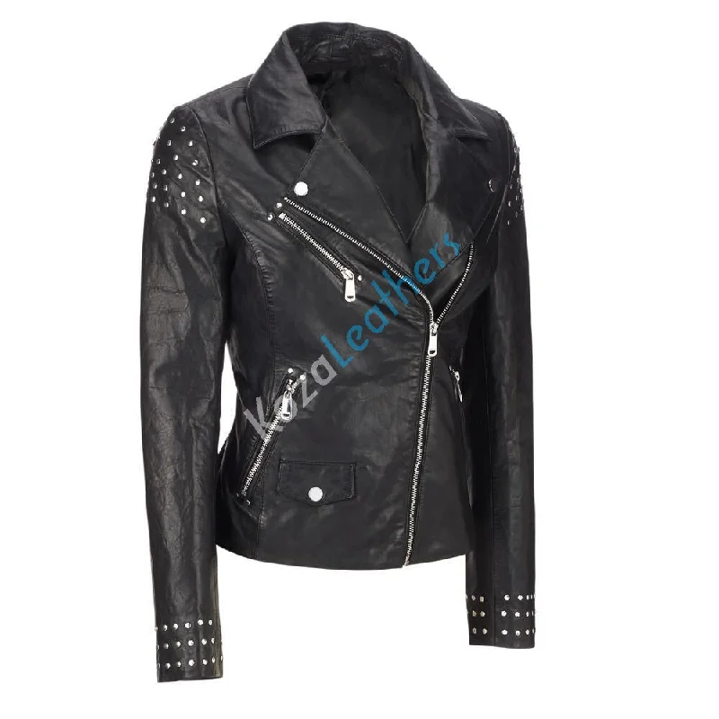 Women Real Lambskin Leather Biker Jacket KW111