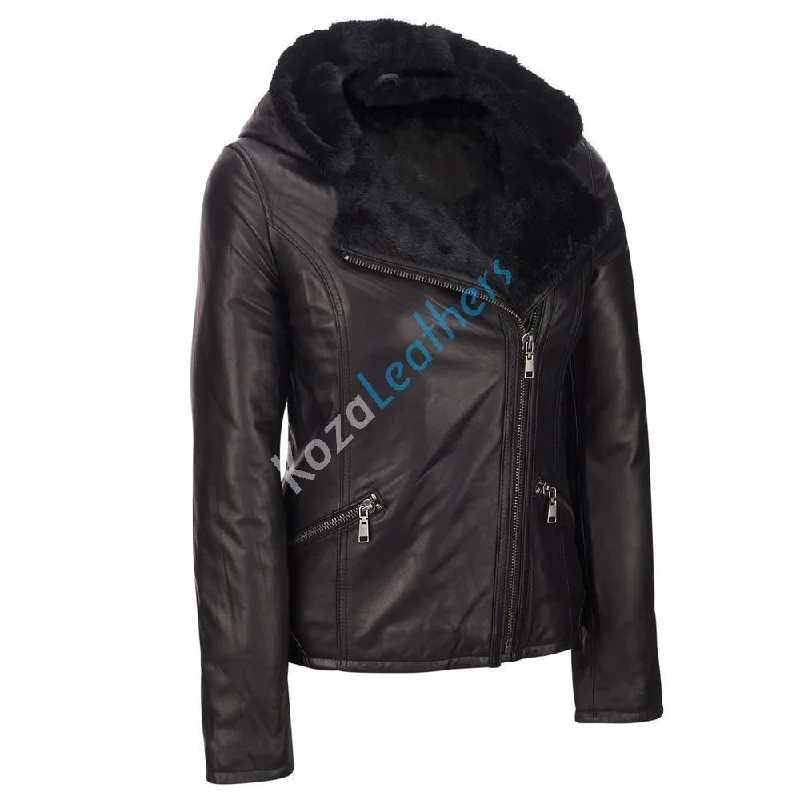 Women Real Lambskin Leather Biker Jacket KW106