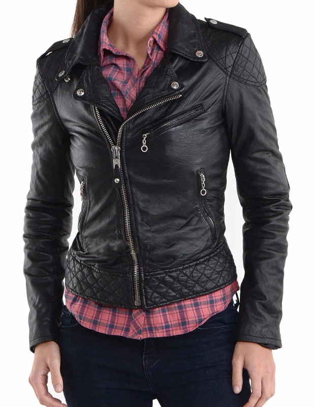 Women Real Lambskin Leather Biker Jacket KW022