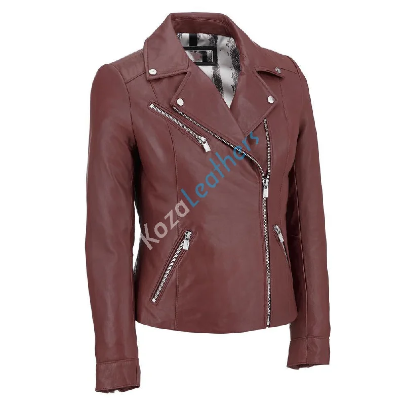 Women Real Lambskin Leather Biker Jacket KW099