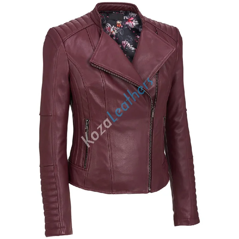 Women Real Lambskin Leather Biker Jacket KW120