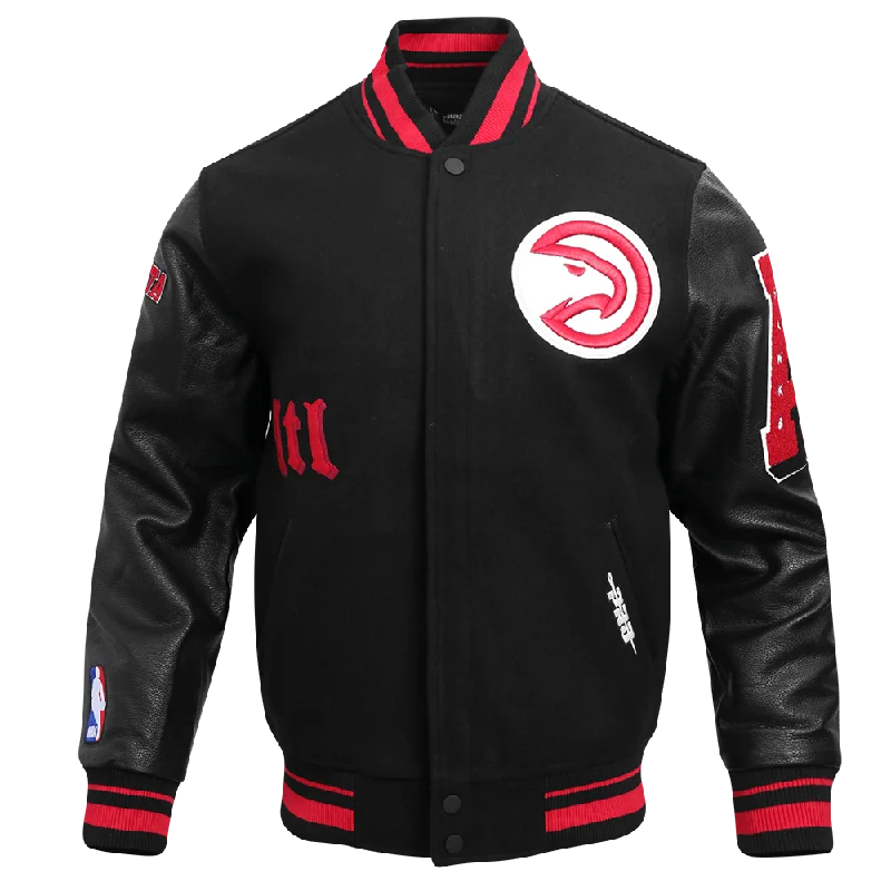 NBA ATLANTA HAWKS OLD ENGLISH MEN'S RIB WOOL VARSITY JACKET (BLACK/RED/BLACK)