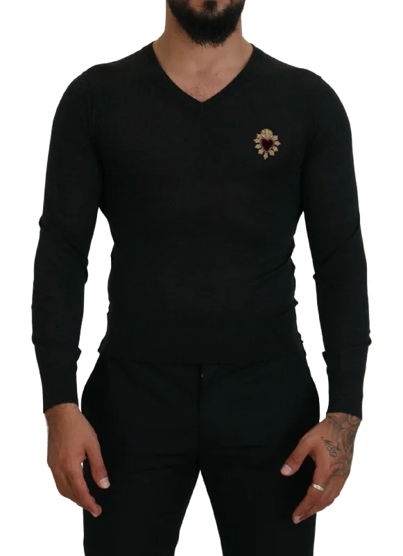 Dolce & Gabbana V-Neck Cashmere Sweater with Heart Men's Embroidery