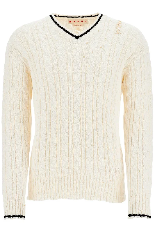 Marni Men's Cotton Sweater With Cable Knit V-Neck