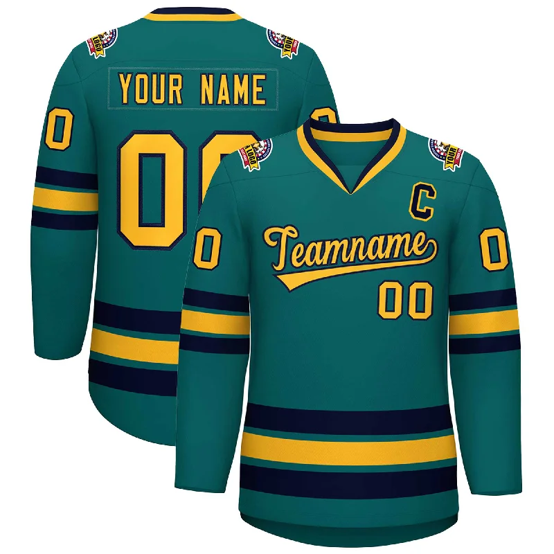 Custom Aqua Gold-Navy Classic Style Hockey Jersey