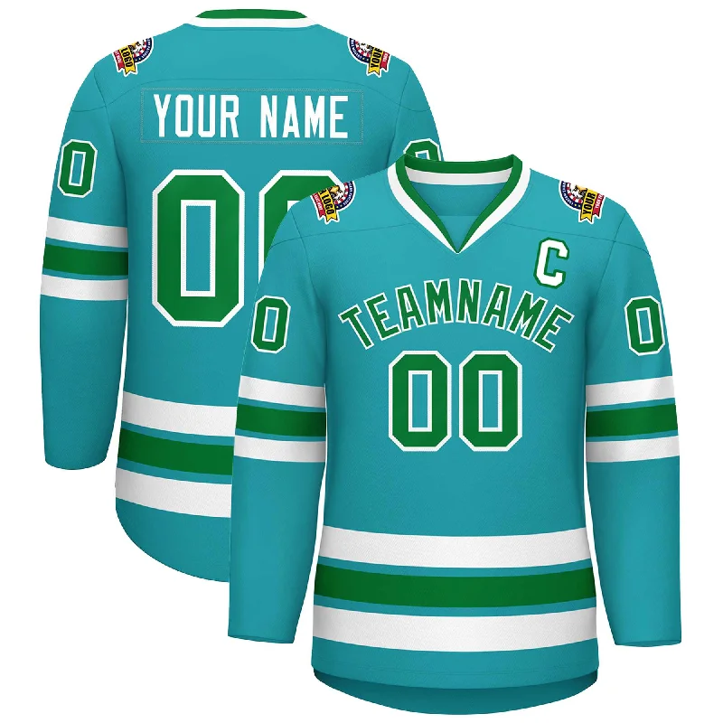 Custom Aqua Kelly Green-White Classic Style Hockey Jersey