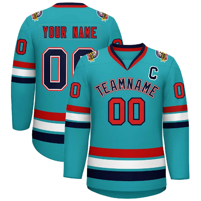 Custom Aqua Navy White-Red Classic Style Hockey Jersey