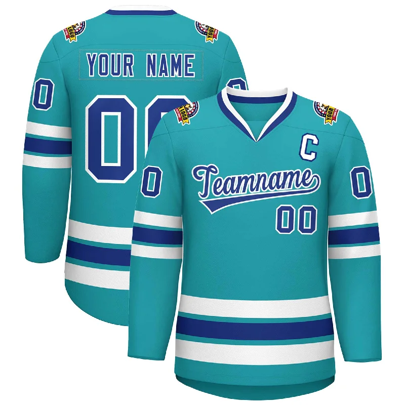 Custom Aqua Royal-White Classic Style Hockey Jersey