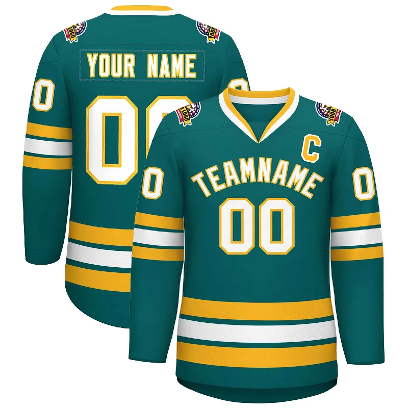 Custom Aqua White-Gold Classic Style Hockey Jersey