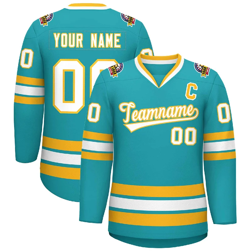 Custom Aqua White-Gold Classic Style Hockey Jersey