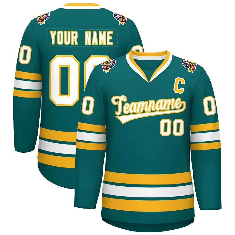 Custom Aqua White-Gold Classic Style Hockey Jersey