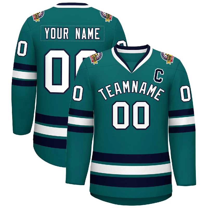 Custom Aqua White-Navy Classic Style Hockey Jersey