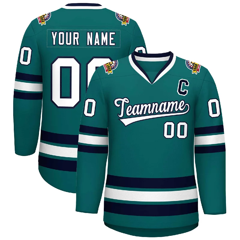 Custom Aqua White-Navy Classic Style Hockey Jersey